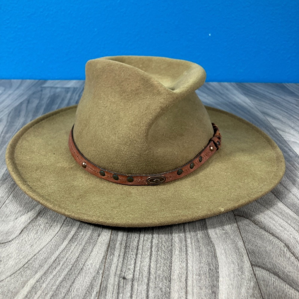 Dorfman Pacific Men's Wool Felt Outback Hat Leather Trim - Khaki Medium USA Made